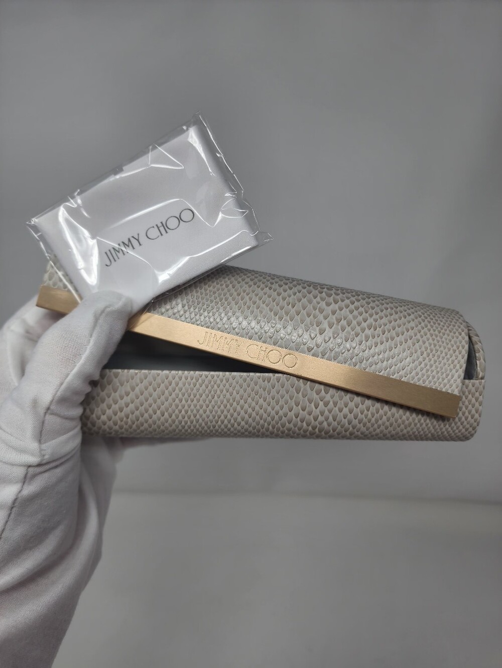 Jimmy Choo Beige Snakeskin-Effect Sunglasses Case & New Cleaning Cloth